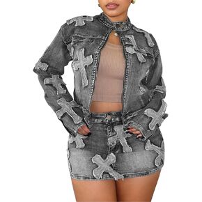 Uni Clau 2 Piece Denim Skirt Set for Women Y2K Long Sleeve Zipper Jean Jacket Top Mini Skirt Bodycon Set Two Piece Outfits