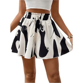 OYOANGLE Women's Color Block Graphic Print Shorts Drawstring Waist Wide Leg Shorts Casual Flowy Shorts