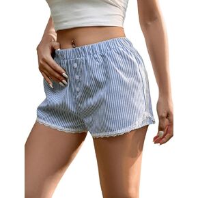 OYOANGLE Women's Striped Print Elastic Waisted Shorts Casual Outdoor Lace Trim Straight Leg Mini Shorts