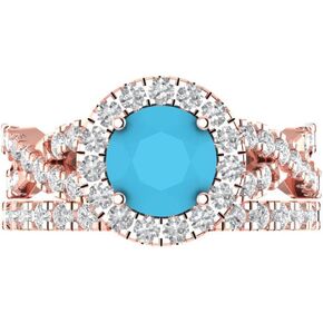 Clara Pucci 2 ct Round Cut Created Turquoise 14k White Gold Halo Solitaire with Accents Wedding Bridal Engagement Promise Ring Band Set