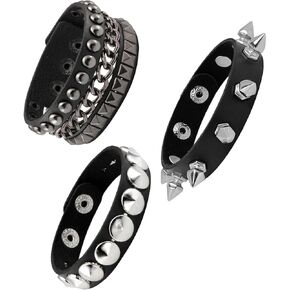 Eigso 3 Pcs Leather Punk Bracelets for Men Women of Rock Rivet Wrap Retro Spike Bracelet Adjustable