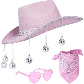 Cowboy Hat Costume Cowgirl Hat with Glitter Disco Ball Heart Sunglasses Bandana for Western Cowboy Halloween Cosplay