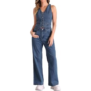 Allegra K 2 Piece Outfits Denim Set for Women's Sleeveless Button V Neck Denim Vest Waistcoat Wide Leg Jeans