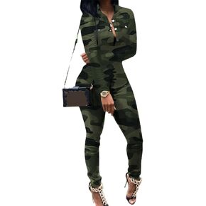 Women's Green Camouflage 2 Piece Sets, Camo Shirt Pants Outfits
