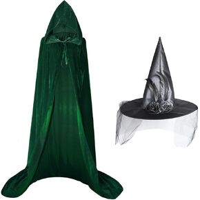 Nirvany Hooded Cloak and Witch Hat Kit, Velvet Witch Costume Cape and Hat for Halloween