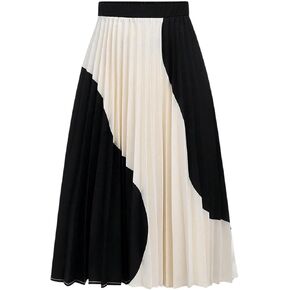 Verdusa Girl's Color Block Pleated Skirts Elastic Waist A Line Midi Skirt
