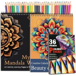 2Pcs Mandala Adult Coloring Books with 36 Count Premium Colored Pencils in a Case, Adult Coloring Books for Women Artist Coloring Pencils with Coloring Books for Stress Anxiety Relief, Gift for Women