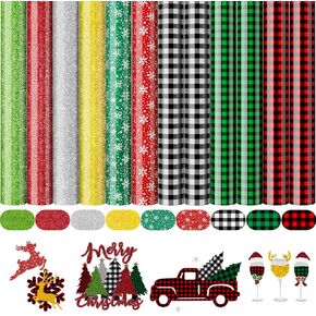 Heat Transfer HTV Vinyl, 12 Christmas Holographic Snowflake Buffalo Plaid Silver Gold Glitter Iron On Vinyl Bundle for Cricut Silhouette Cameo, DIY Fabric T-Shirt Bag Hat Pillow 12 x 10''
