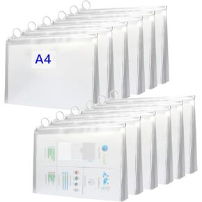 OQOQ Clear Zipper Pouches A4 Letter Size (12 Packs) - Plastic Zipper Pouches with Label Pocket, Expandable Document Envelopes for Office School Supplies File Receipt Book Pens File Storage Organizing