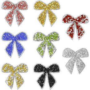 8 Pcs Bow-Knot Rhinestones Patches Iron On Appliques Glitter Crystal Bow Patches for Dress, Shoes, Hats, Clothing Repair Decorations