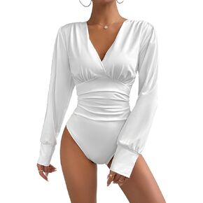 Floerns Women's Solid Wrap V Neck Long Sleeve Leotard Ruched Work Bodysuit Shirt Top