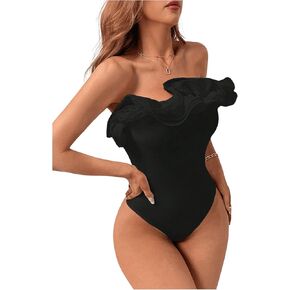 SHENHE Women's Elegant Off Shoulder Exaggerated Ruffle Trim Sleeveless Tube Top Bodysuit in Kuwait