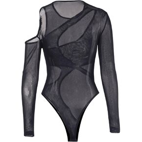 MakeMeChic Women's Y2K Cut Out Mesh Sheer Bodysuits Long Sleeve Round Neck Tee Shirt Asymmetrical Top