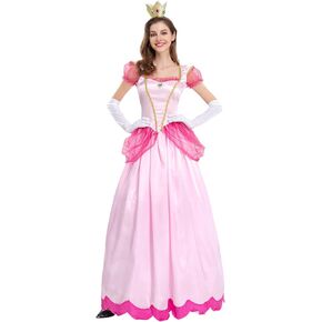 IDOPIP Princess Peach Costume with Crown and Gloves for Adult Women Halloween Birthday Party Dress up Fancy Cosplay Outfit