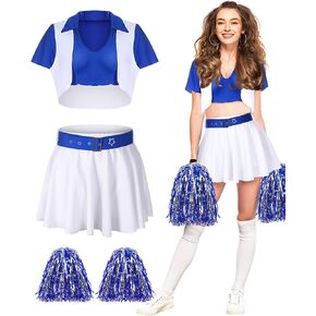 6 Pieces Cheerleader Costume for Women Halloween Star Cheerleader Outfit Vest Shirt Skirt Belt Pom Poms