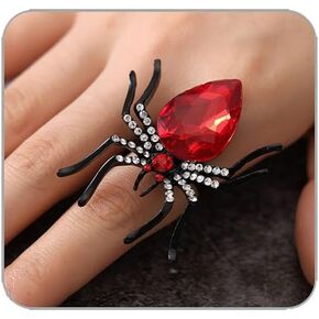 Punk Spider Rings for Women Silver Black Spider Web Bat Knuckle Rings Gothic Vintage Dark Crystal Rings Red Heart Gemstone Statement Rings