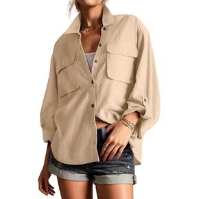 Lepunuo Womens Shacket Long Sleeve Shirt Jacket Button Down Linen Roll-up 3/4 Sleeves Shirts Blouses Tops Streetwear