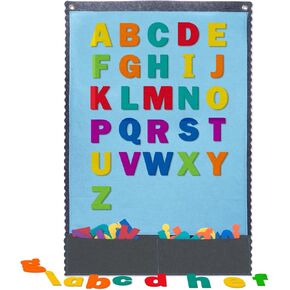 CHEFAN Felt Board with 104 Felt Letters for Toddlers Large Flannel Board for Wall, Felt Alphabet Learning Board with 2 Storage Pocket for Preschool Classroom and Daycare, 32 * 22 Inch, Blue
