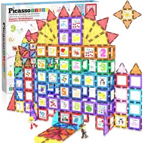 PicassoTiles 121 pc Master Builder Magnetic Building Block Construction Set Magnet Tiles Blocks with Car Truck, 2 Character Action Figures, 28 Educational Alphabet Animal and Number Graphics, Windmill
