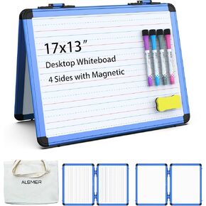 Dry Erase Board, 17x13 inch with 4 Sides Magnetic Whiteboard, A3 Foldable Small White Board with Lines, Perfect for Office, School, and Home. (Blue)