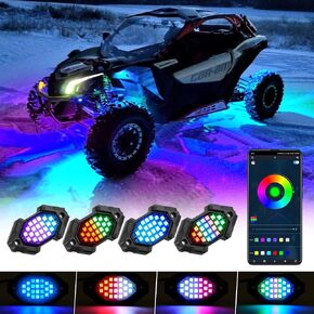 أضواء الصخور LED - التحكم في RGB عبر التطبيق، مقاومة للماء IP68، وظيفة الضوء/الفرامل 12 فولت، أضواء تحت الوهج لـ UTV، ATV - 4 كبسولات in Kuwait