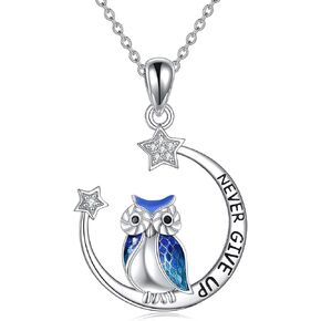 YFN Owl Necklace Inspirational Jewelry Sterling Silver Never Give Up Owl Gifts Moon Star Necklace for Women Girls