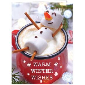 Cocoa Snowman Holiday Card Pack / 25 Winter Wishes Cards Set/Hot Chocolate Marshmallows Design With Inside Verse / 4 5/8" x 6 1/4" Christmas Cards With White Envelopes