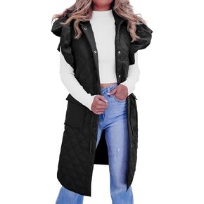 Tankaneo Womens Long Puffer Vests Fashion Ruffle Sleeve Quilted Gilet Coats Winter Hooded Down Jacket Vest