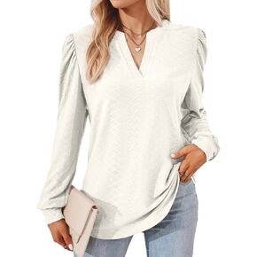 Dokotoo Womens Fall Fashion 2024 Long Sleeve Tops Dressy Casual Blouses Trendy V Neck Puff Sleeve Shirts Business Outfits