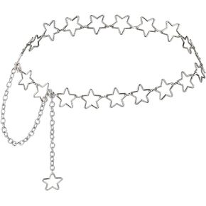 Women's Star Waist Chain, Silver Chain Belt Metal Belly Chain Adjustable Body Chains Plus Size Belt Chain Trendy Western Belly Chains Belt Jewelry with Long Tassel for Women Girls Dresses Skirts Jeans