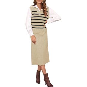 Duigluw Women's 2 Piece Outfits Striped Skirt Sets 2024 V Neck Sleeveless Top and Sweater Long Skirt Dresses Matching Suits