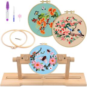 ERKOON حامل تطريز قابل للتعديل مع 3 مجموعات من مجموعات التطريز، حامل طوق التطريز للمبتدئين، حامل حامل تطريز خشبي لمشروع الغرز المتقاطعة والتطريز in Kuwait