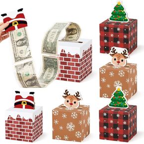 Sinasasspel 6PCS Christmas Money Box for Cash Pull Surprise Gift Box Money Explosion Holder Santa, Reindeer, Holiday DIY Money Roll Boxes Pull Out Present Xmas Party Supplies