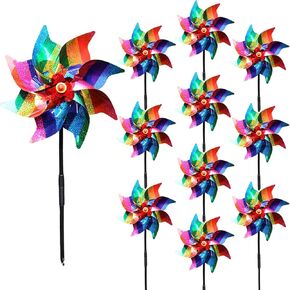10 Pieces 9.5 Inches Rainbow Pinwheels Windmill Wind Spinners Outdoor for Yard Garden Lawn Bird Repellent, Plastic Foil Reflective Colorful Pin Wheels for Rainbow Pride Decorations