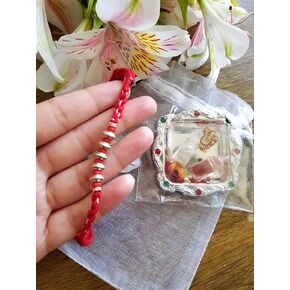 Rakhi for brother set with Roli chawal | Red Silver Rakhi Rakshabandan thread bracelet for brother or sister| small Tikka tray, Rice and kumkum in a gorgeous mesh pouch