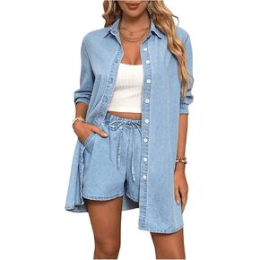 MakeMeChic Women's Long Sleeve Denim Jacket Collar Neck Half Sleeve Button Down Coats