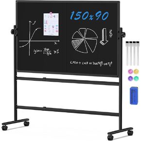 Mobile Chalkboard Height Adjustable - 60x72 inches, Large Rolling Blackboard Double-Sided, Magnetic Black Board on Wheels for School Home Office