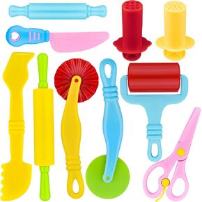 Playdough Tools 10 Piece Play Dough Tools for Kids, Plastic Playdough Toys with Rollers, Rolling Pins, Playdough Scissors, Playdough Cutters