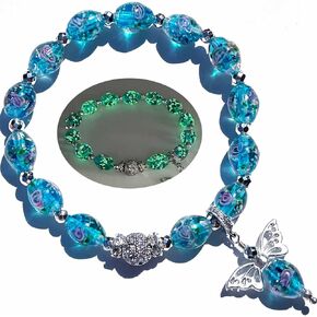 Glow in the Dark Firefly Bead Bracelets, Roses Murano Glass Jewelry for Women, Mermaid Luminous Crystals Trendy Bracelets Bangles Handmade in USA