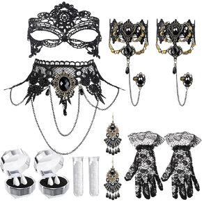 12 Pcs Halloween Vampire Costume Accessories for Women Cosplay Vampire Jewelry Set Party Prop Included Black Lace Choker Necklace, Vampire Fake Teeth, Lace Mask, Earring, Bracelet, Lace Pattern Gloves