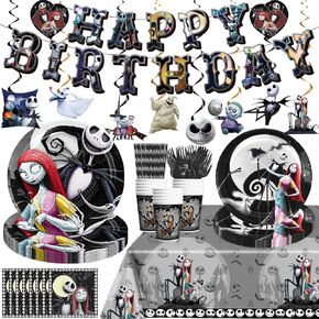 145pcs Movie Christmas Party Decorations Include Tableware Set Banner Hanging Balloon Tablecloth Cake Topper Cupcake Toppers, for Kids and Adults Christmas Halloween and Birthday Party, Serves 20