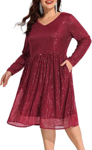 CARCOS Plus Size Sequin Dresses for Women V Neck Long Sleeve Party Dress Sparkle Club Dresses Evening Wedding Dresses XL-5XL in Saudi Arabia