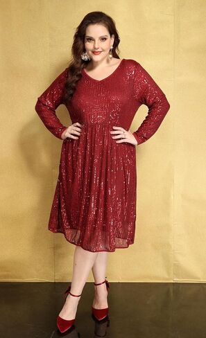 CARCOS Plus Size Sequin Dresses for Women V Neck Long Sleeve Party Dress Sparkle Club Dresses Evening Wedding Dresses XL-5XL in Saudi Arabia