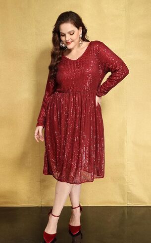 CARCOS Plus Size Sequin Dresses for Women V Neck Long Sleeve Party Dress Sparkle Club Dresses Evening Wedding Dresses XL-5XL in Saudi Arabia