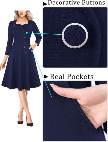VFSHOW Womens 2024 Business Work Office Pockets Church Vintage Slim Fit and Flare A-Line Dress in Saudi Arabia
