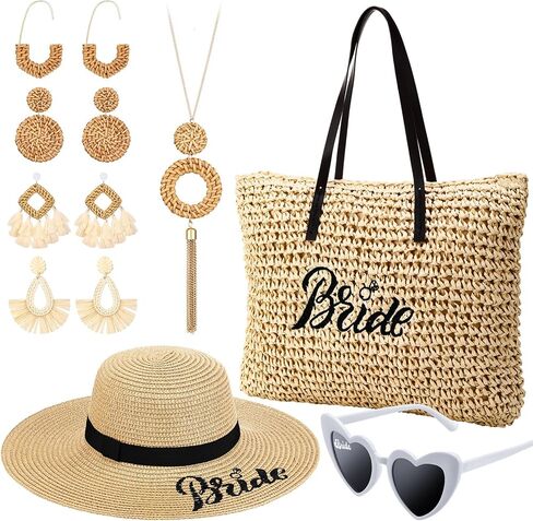 8 قطع العروس دش الشاطئ هدايا الصيف القش قبعة الشاطئ العازبة حمل حقيبة الشمس قبعة القلب النظارات الشمسية قلادة البوهيمي الروطان أقراط اكسسوارات الزفاف لحفل زفاف شهر العسل in Kuwait