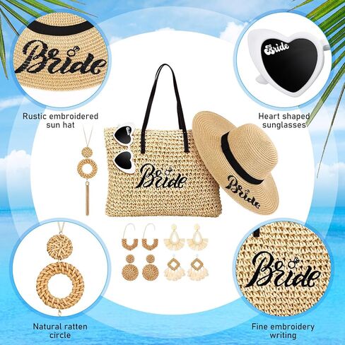 8 قطع العروس دش الشاطئ هدايا الصيف القش قبعة الشاطئ العازبة حمل حقيبة الشمس قبعة القلب النظارات الشمسية قلادة البوهيمي الروطان أقراط اكسسوارات الزفاف لحفل زفاف شهر العسل in Kuwait