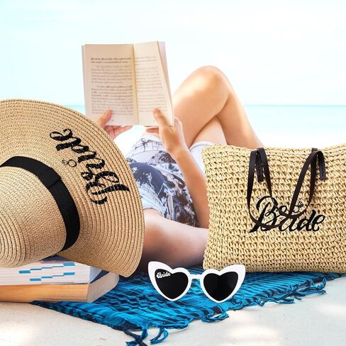 8 قطع العروس دش الشاطئ هدايا الصيف القش قبعة الشاطئ العازبة حمل حقيبة الشمس قبعة القلب النظارات الشمسية قلادة البوهيمي الروطان أقراط اكسسوارات الزفاف لحفل زفاف شهر العسل in Kuwait