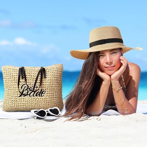 8 قطع العروس دش الشاطئ هدايا الصيف القش قبعة الشاطئ العازبة حمل حقيبة الشمس قبعة القلب النظارات الشمسية قلادة البوهيمي الروطان أقراط اكسسوارات الزفاف لحفل زفاف شهر العسل in Kuwait