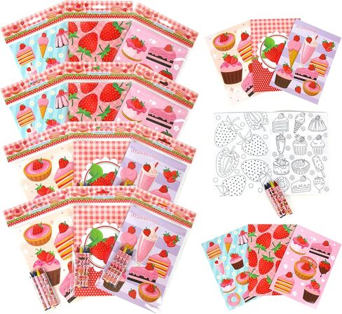 TINYMILLS Strawberry Coloring Book Set with 12 Coloring Books and 48 Crayons Strawberry Birthday Party Supplies Favor Bag Filler Carnival Prizes Rewards Classroom Party in Kuwait